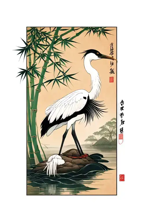 Crane In Filled Bamboo Forest
