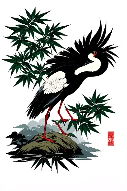 Crane In Filled Bamboo Forest