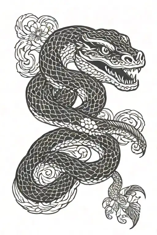 Irezumi In Black And White Of A Snake Holding A Crow