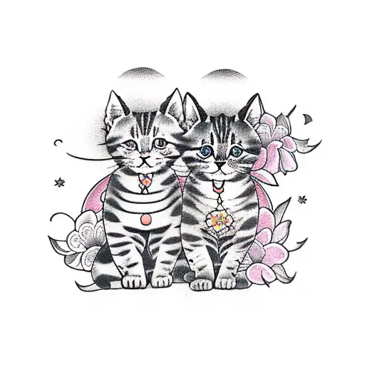 2 Kittens With Flowers And Moon