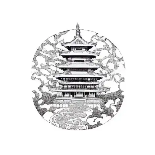 Buddha Temple With Tree Branches And A Path