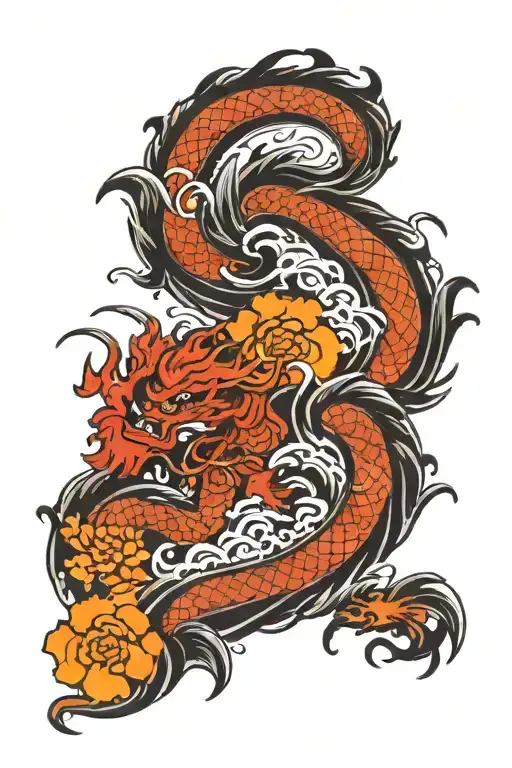 Japanese Back Tattoo Black Waves And Dragon Flying With Flowers