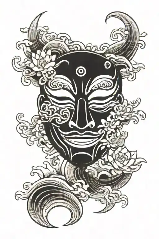 A Japanese Mask With Waves And Lotus Flowers
