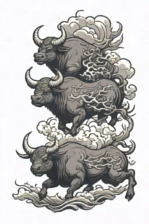 A Herd Of Horned Bulls Made Of Dark Clouds Running Through The Sky With Lightning