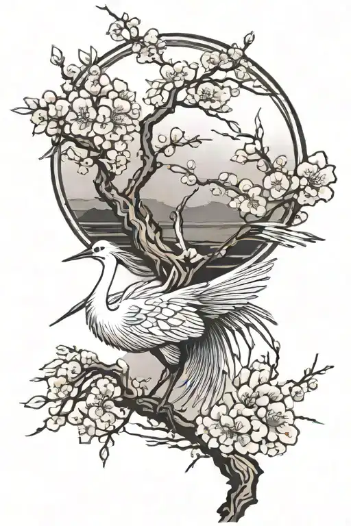 Japanese Crane And Cherry Blossom Tree