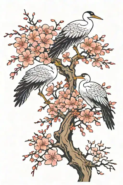 Two Japanese Cranes On Cherry Blossom Tree