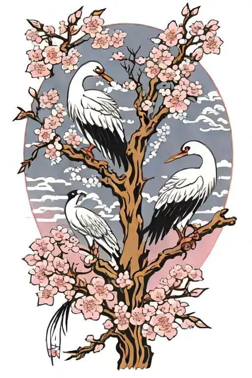 Two Japanese Cranes On Pink Cherry Blossom Tree