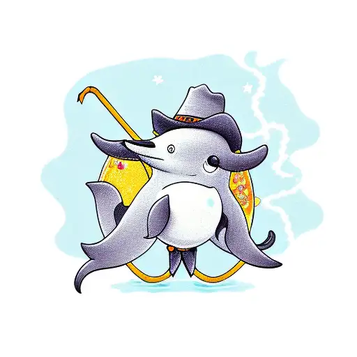 Cartoon Penguin Holding A Lasso Wearing A Cowboy Hat Riding A Dolphin