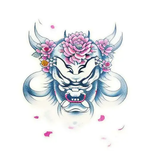Japanese Flowers With A Big Fu Dog And A Oni Mask For Full Arm With Lots Of Colors