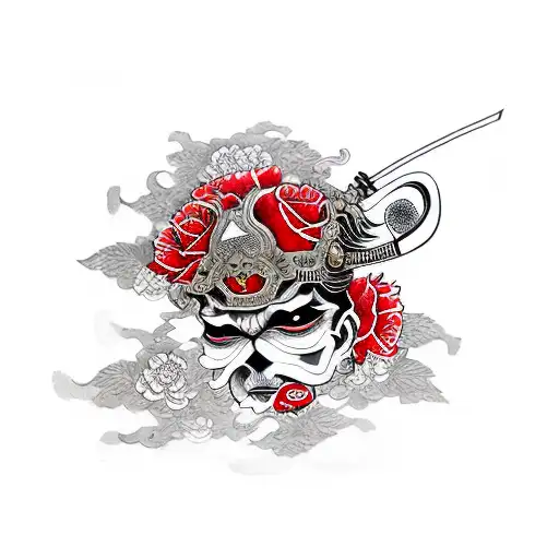 Samurai In A Bunch Of Red Roses And Blood