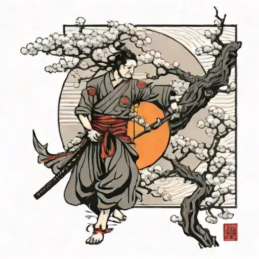 Samurai Moon And Japanese Cherry Tree