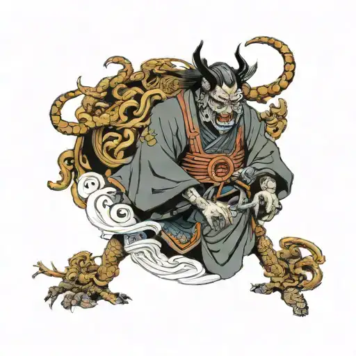 Samurai Calming A Humanoid Demon Full Of Rage Changed To Peace