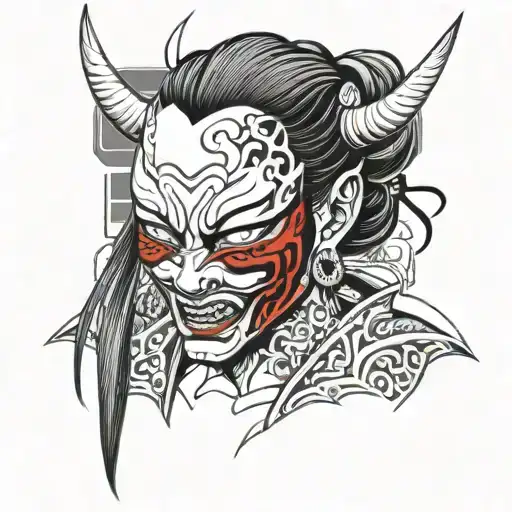 Woman Black And White With Oni Mask Split In Half