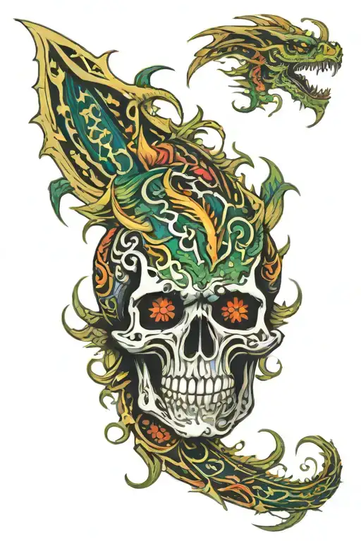 Tribal Color Skull With Dragon Wrapped