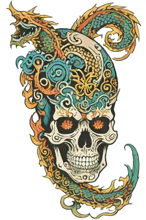 Tribal Color Skull With Dragon Wrapped