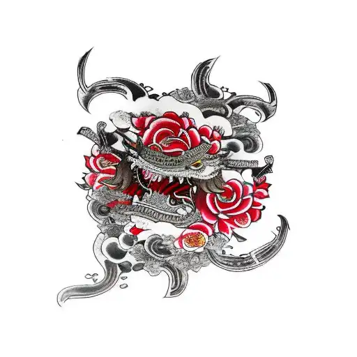 Samurai Lying Down On A Bunch Of Roses And Covered In Blood