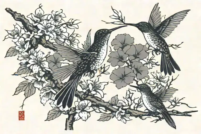 2 Humming Bird Flying Around Tree Growing