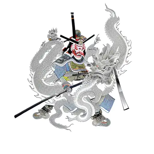 Samurai Surrounded By A Chinese Dragon