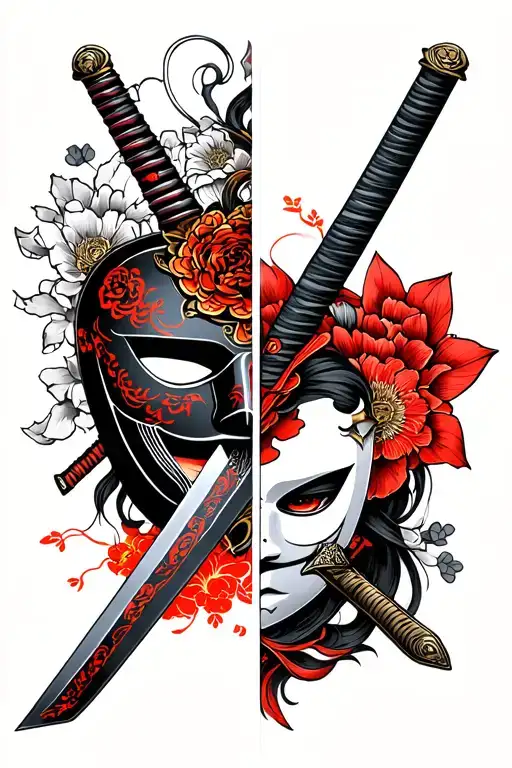2 Katana Sword And Mask Split In Half