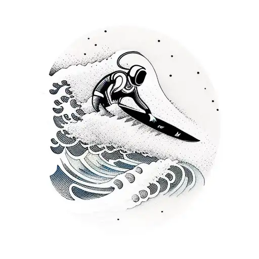 Surfing Astronaut Riding A Japanese Wave