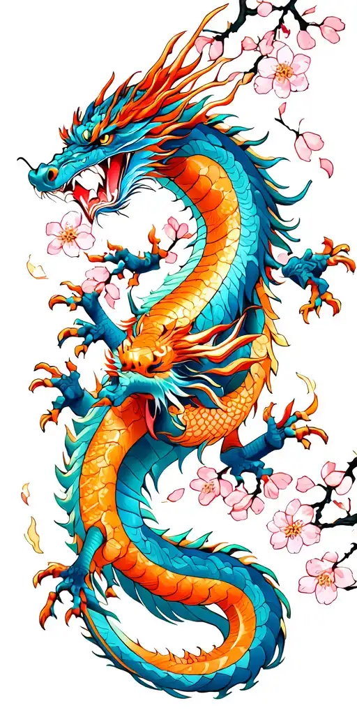 Two Japanese Dragons Fighting In Cherry Blossoms Falling