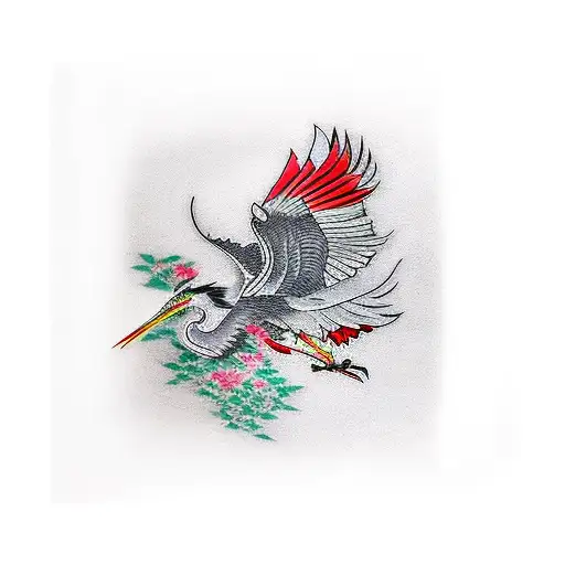 Yakuza Style Tattoo Of Herons Flying On A Black Background With Red Wisteria