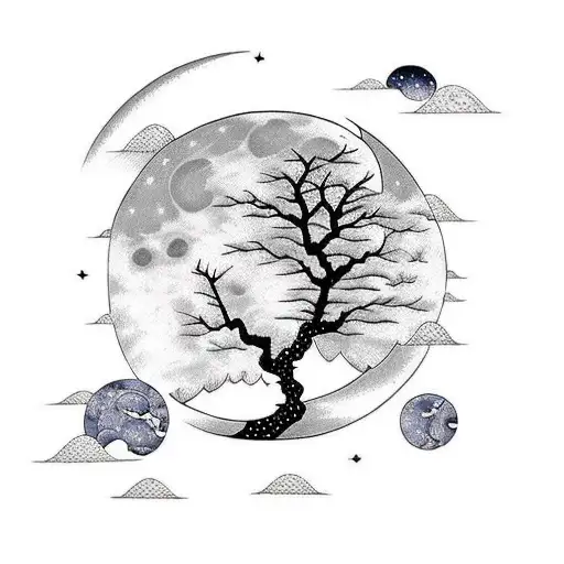 A Moon With Stars And Trees And Lake