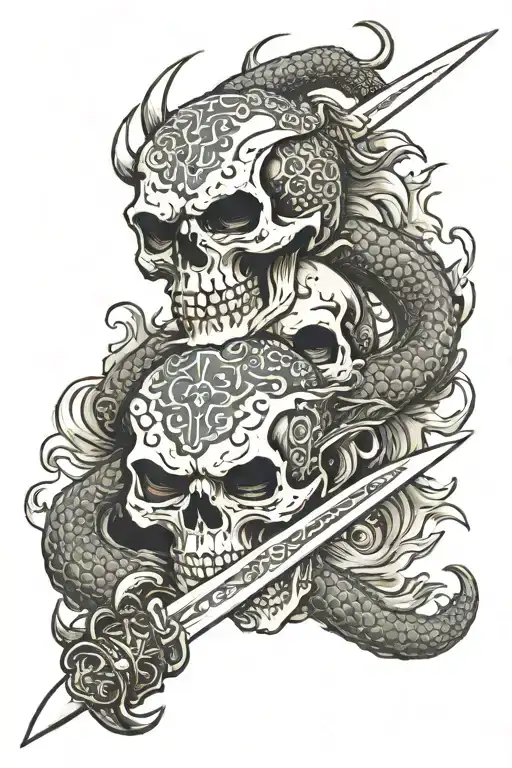 Japanese Skulls With Sword And Dragon