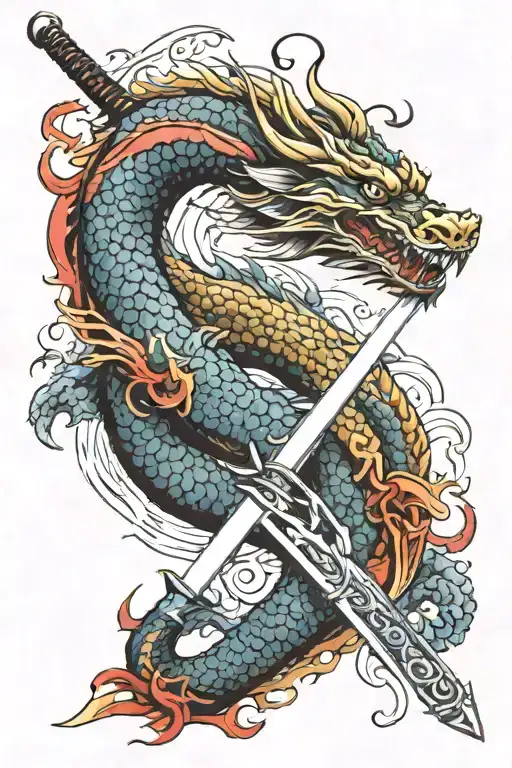Japanese Sword And Dragon With Color