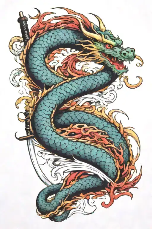 Japanese Sword And Dragon With Vivid Color