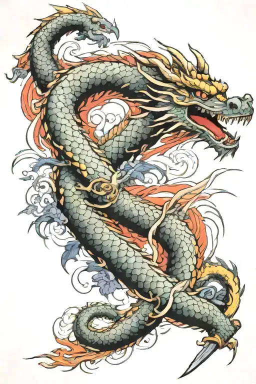 Japanese Sword And Dragon With Extreme Color
