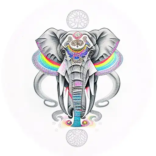 2 Adult Elephants With 1 Baby Elephant With The Tree Of Life In The Backgound Rainbow Glow