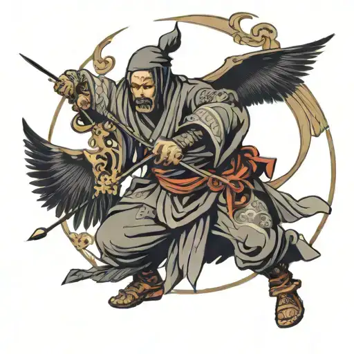 Assasin With Wings Spread Holding Arrow And Bow With Compass With Arrow