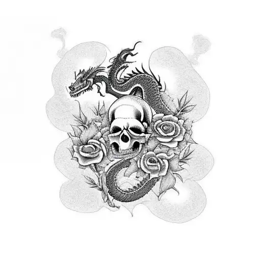 A Dragon Stepping On A Skull Wrapped In Roses