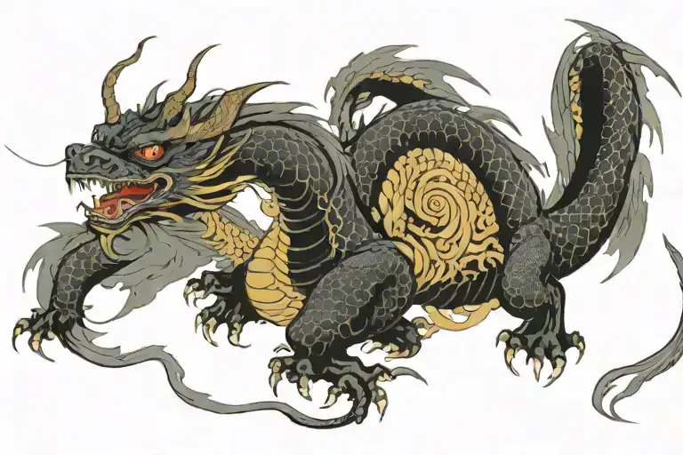 Black Japan Dragon With Long Body And Without Wings