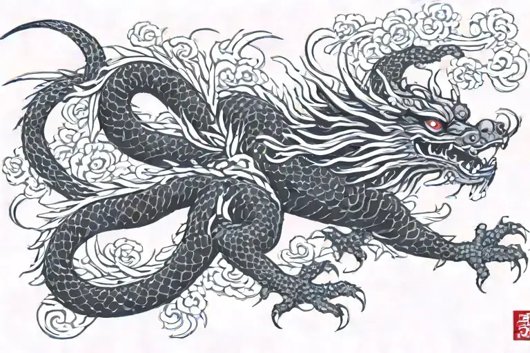 Black Japan Dragon With Long Body And Without Wings