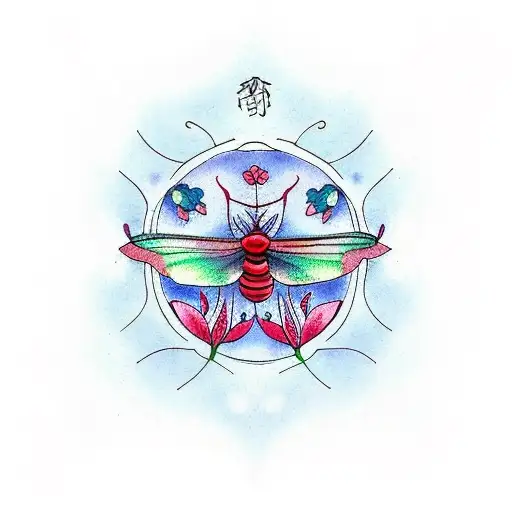 Luna Moth In Red Ink With Flowers Around It