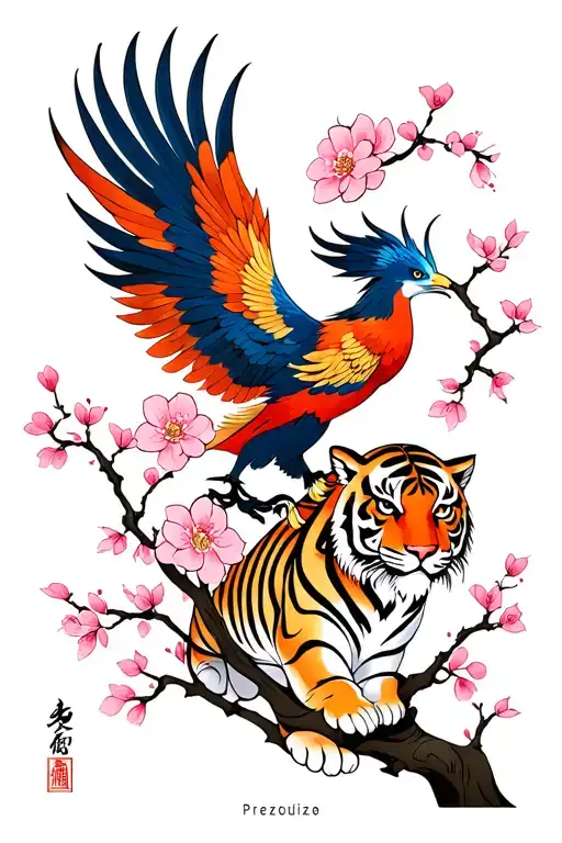 Japanese Phoenix Tattoo On Arm Cherry Blossom Branch And Tiger