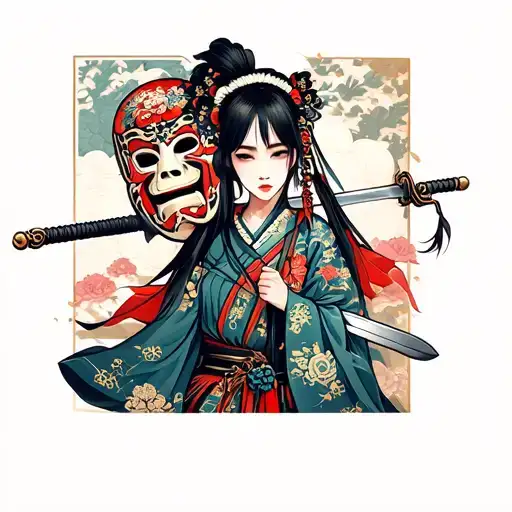 Girl With Sword And Holdin A Japan Mask With Beautiful Background