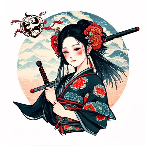 Girl With Sword And Holdin A Japan Mask With Beautiful Background