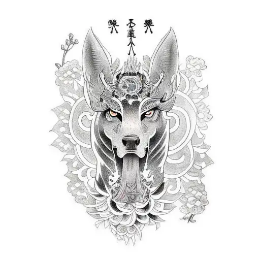 A Black-grey Tattoo Of A Mystical Animal Surrounded By Psychedelic Flowers
