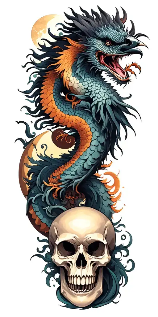Chinese Dragon And Phoenix And Skull And Moon And Raven