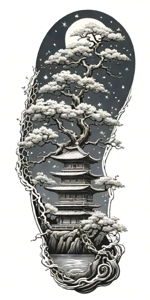 Night With Stars Bonzai Tree With Three Flowers Roots Flowing Into Black Honey Comb To Wrist