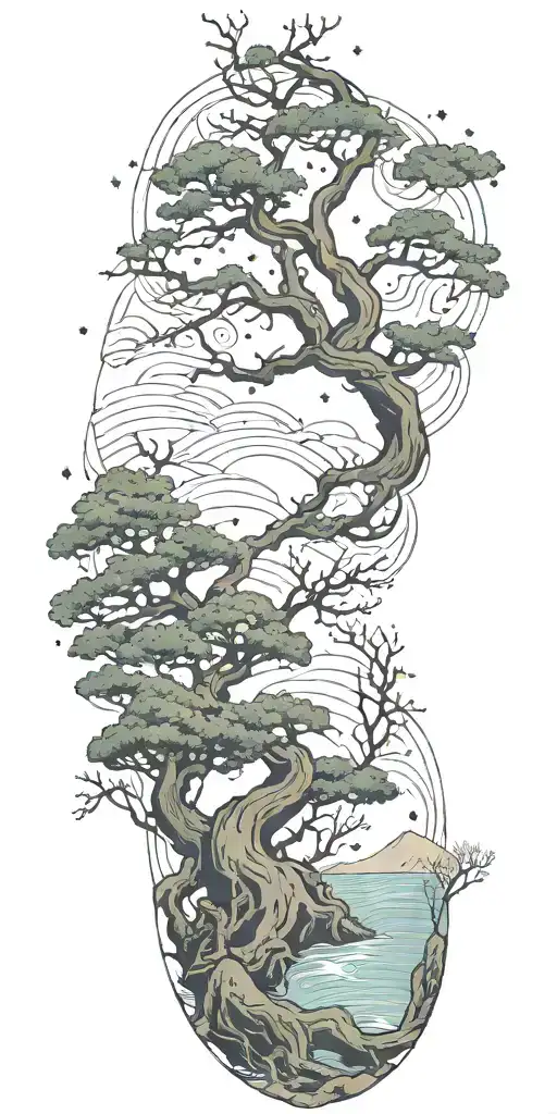 Marsoc Constellation Over Ocean At Night With Bonzai Tree And Roots Flowing Down To Wrist