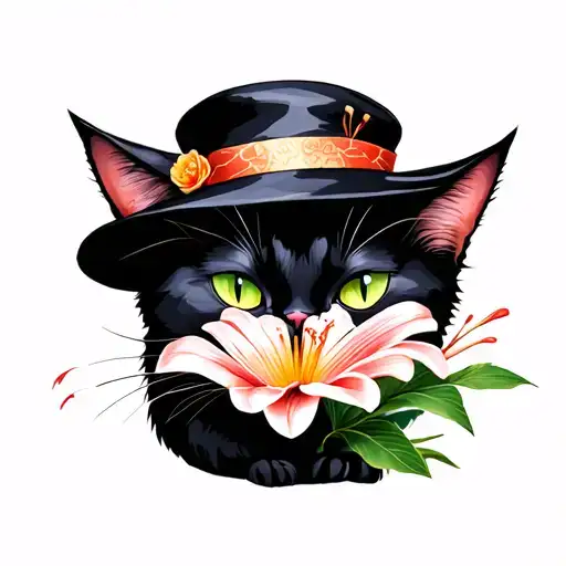 Black Cat In A Hat Lilly Flower And 444