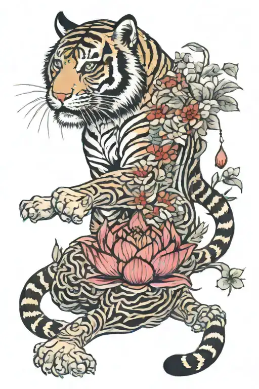 Tiger Walking With Lotus Flower