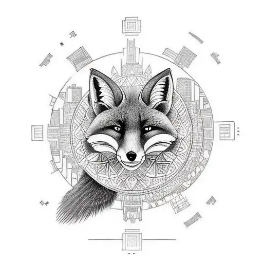 Incorporate A Mandala Into A Cityscape With Skyscrapers And Fox Between Buildings To A Sleeve