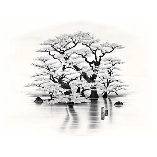 A Black And Grey Landscape Of A Serene Japanese Garden With Cherry Blossom Trees