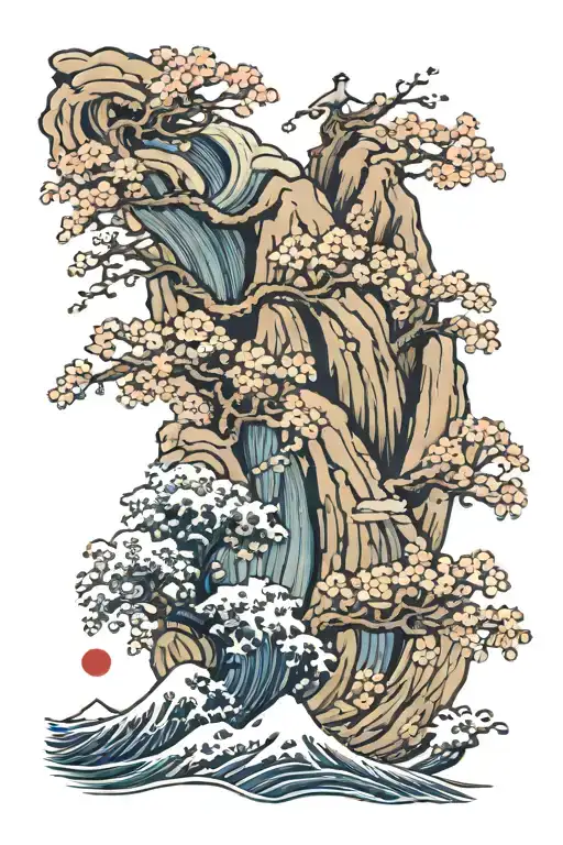 Hokusai Wave And Mountain Peak And Sakura Blossom Flowers