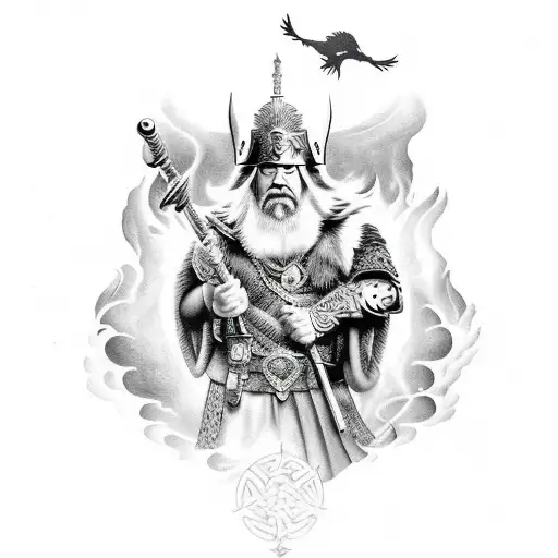 Strong Odin Styled Like A Wizard With 2 Ravens Flying Overhead With Thunder